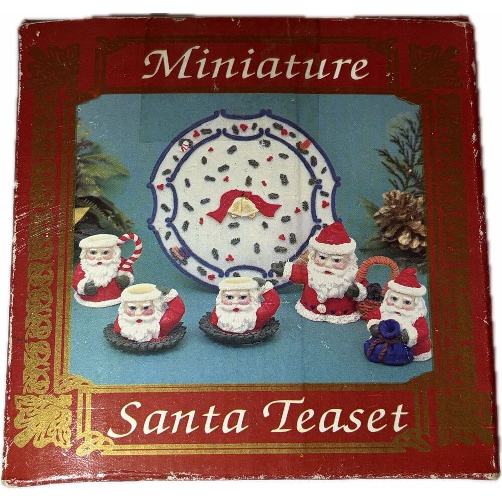 MINIATURE CHRISTMAS TEA SET Mini Santas Holly Decor Cup 1990s Resin 10 Piece Set
